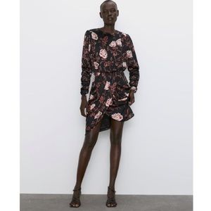 Zara Ruched Long Sleeve Rose Print Mini Asymmetrical Dress NWOT